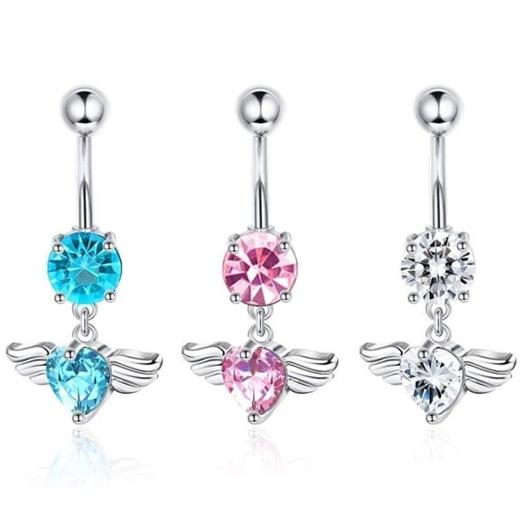 14G 316L Crystal Wing Hearts Belly Rings Set of 3 - Picture 1 of 4